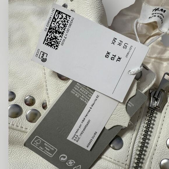 H&M STUDIO sz XL White Real Genuine Leather Studded Zip Biker Jacket 80s 90s - Picture 5 of 10